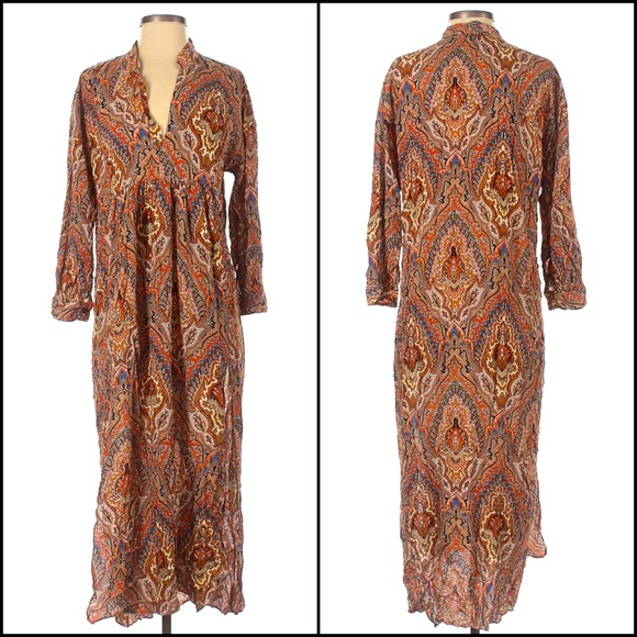 Zara Bohemian Print Side Slit V-Neck Maxi Dress Tunic - Picture 10 of 12